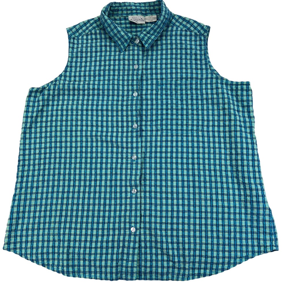 Basic Editions Plaid Sleeveless Shirt Seersucker 24W Teal Blue‎ Cotton Button Up